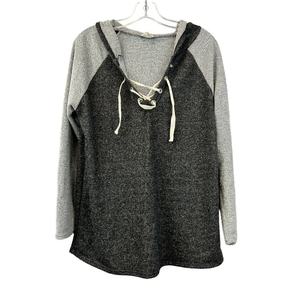 Bibi Womens Lace Up Front Long Sleeve Hoodie Gray Size Large